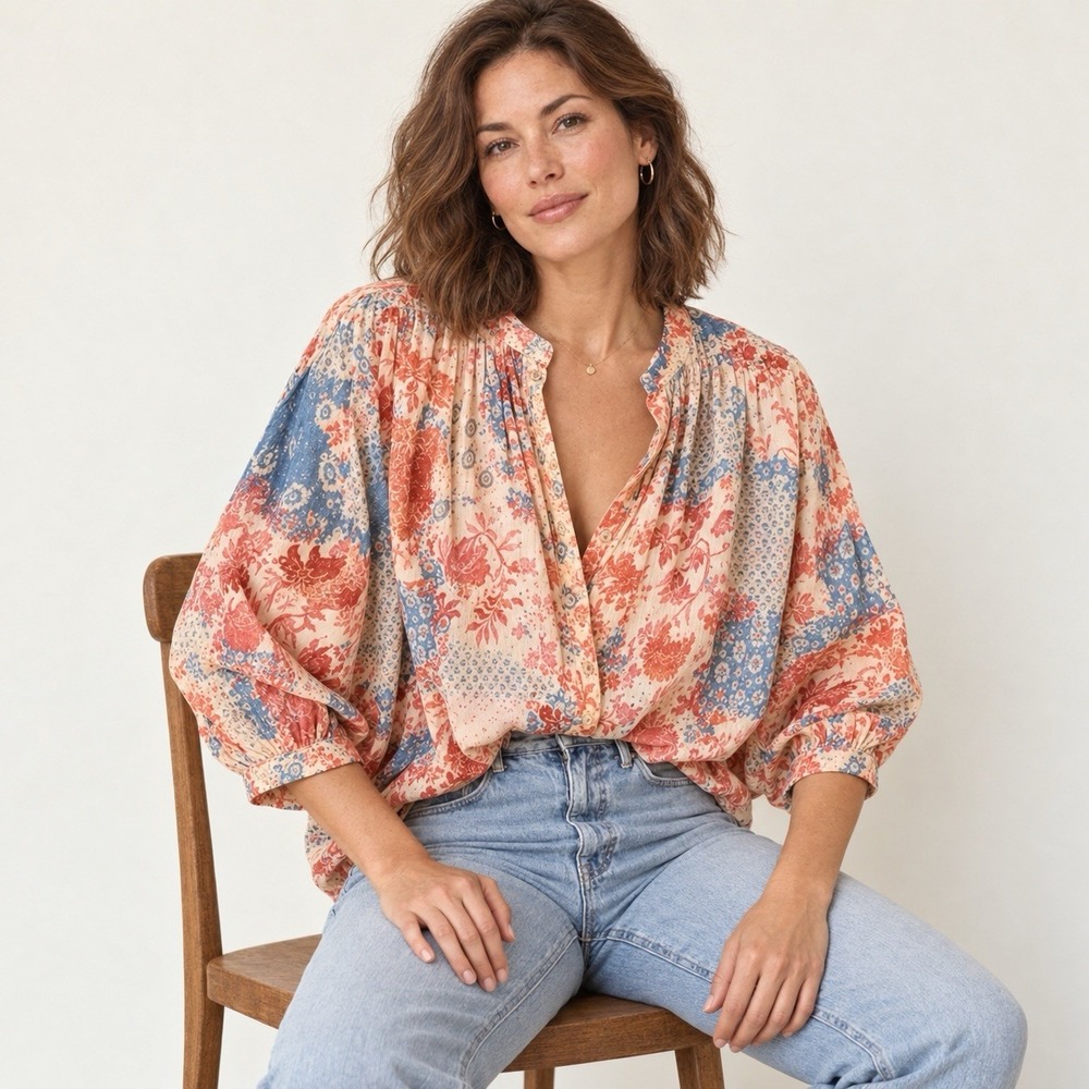 Anthropologie Pilcro Sidney Blouse M Patchwork Batwing Dolman Cotton Top